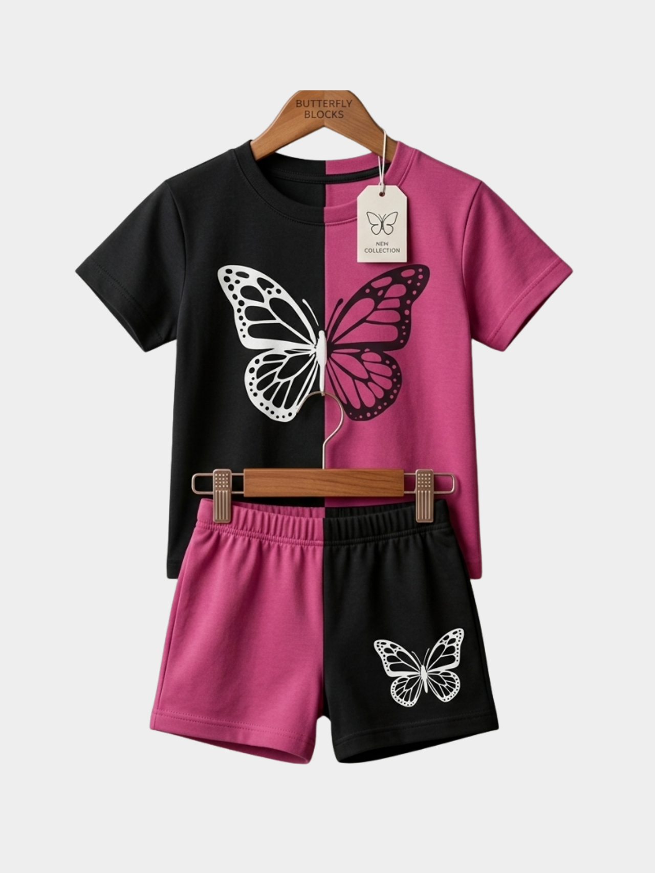 Butterfly Pink n Black T-shirt And Shorts Set
