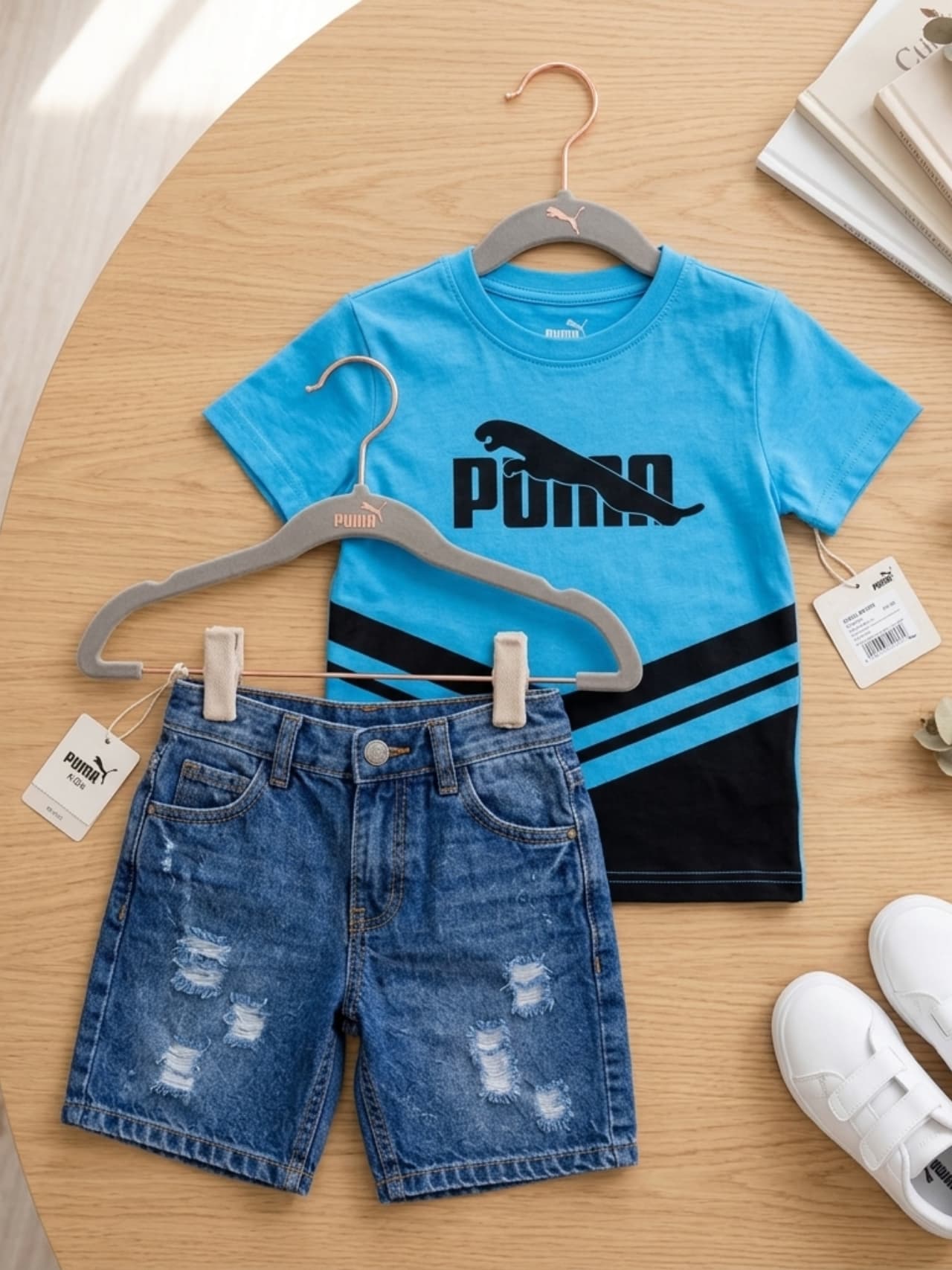 Boys Blue Sports Graphic Tee & Ripped Denim Shorts Set