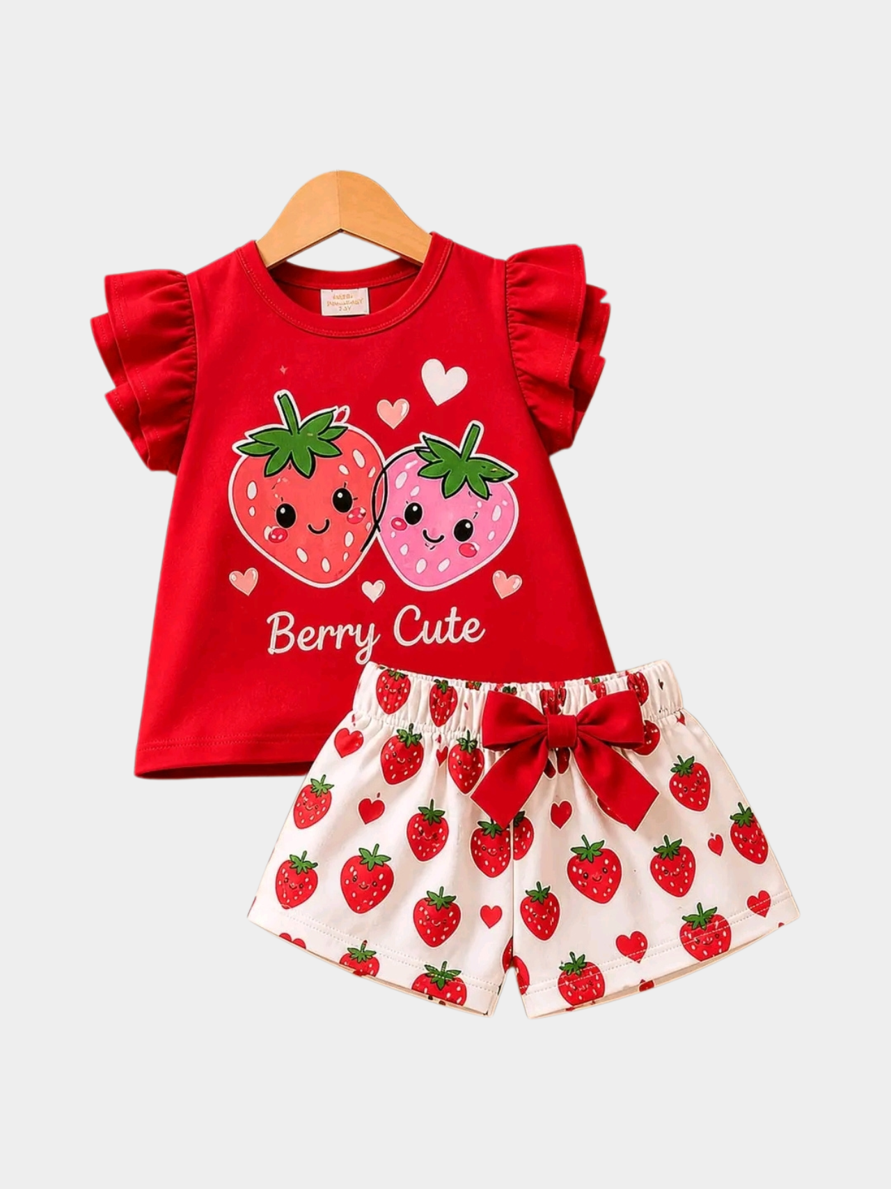 Girls' "Berry Cute" Strawberry Flutter Sleeve Top & Shorts Set