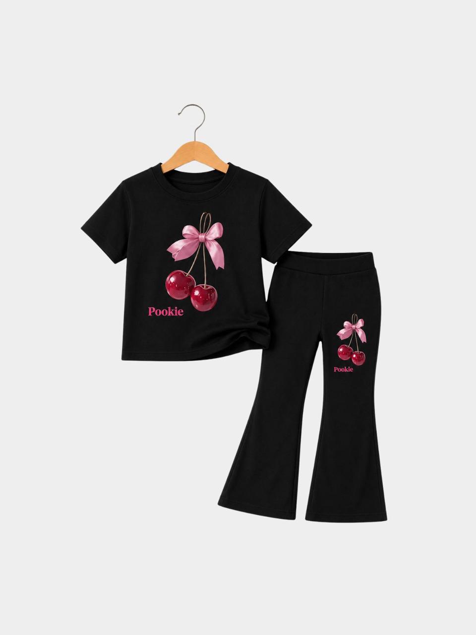 Pookie Cherry Black T-Shirt & Flare Pants Set