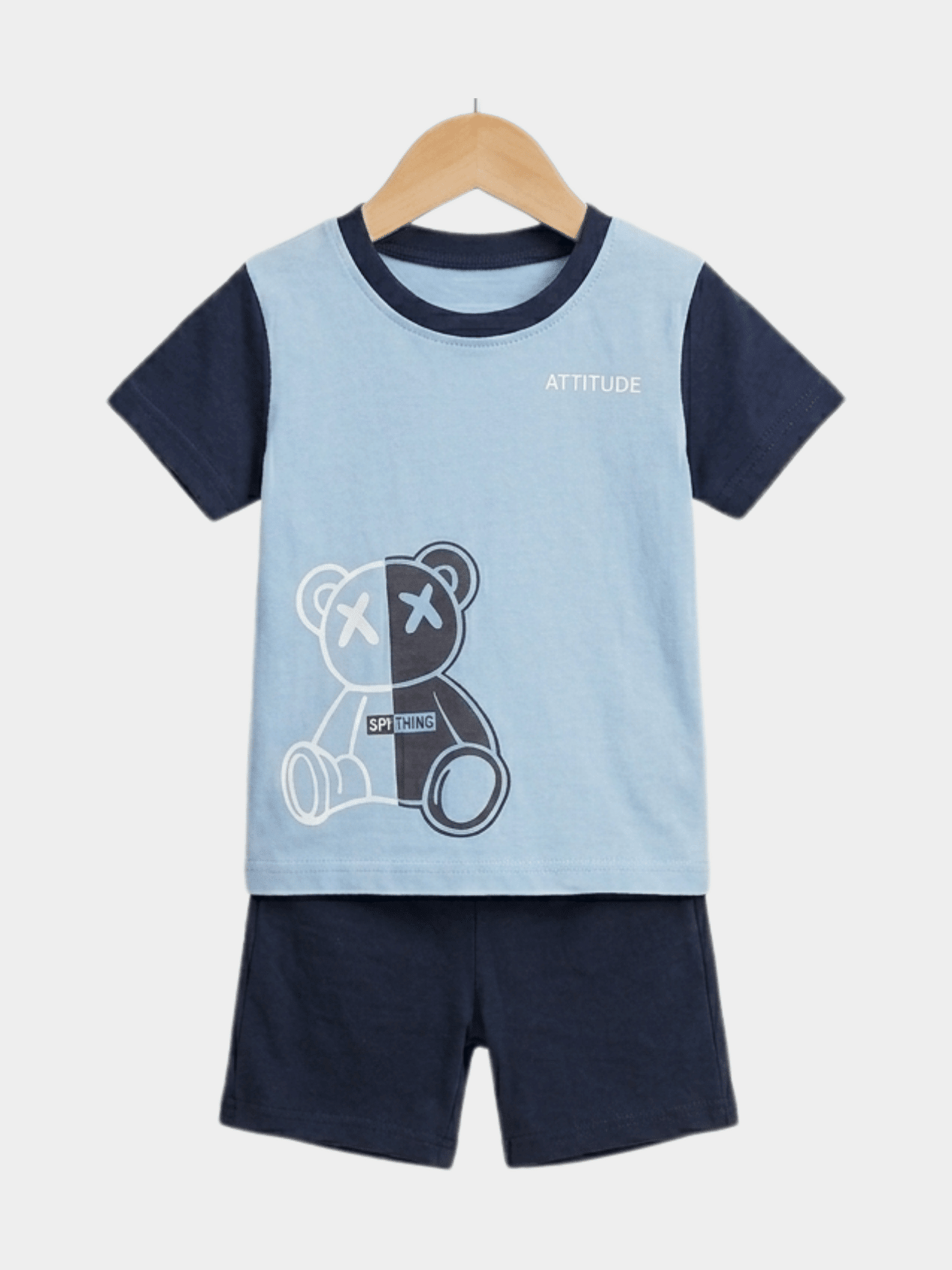Boys' "Attitude" Bear T-Shirt & Shorts Set - Blue/Navy - ChildrenGoods