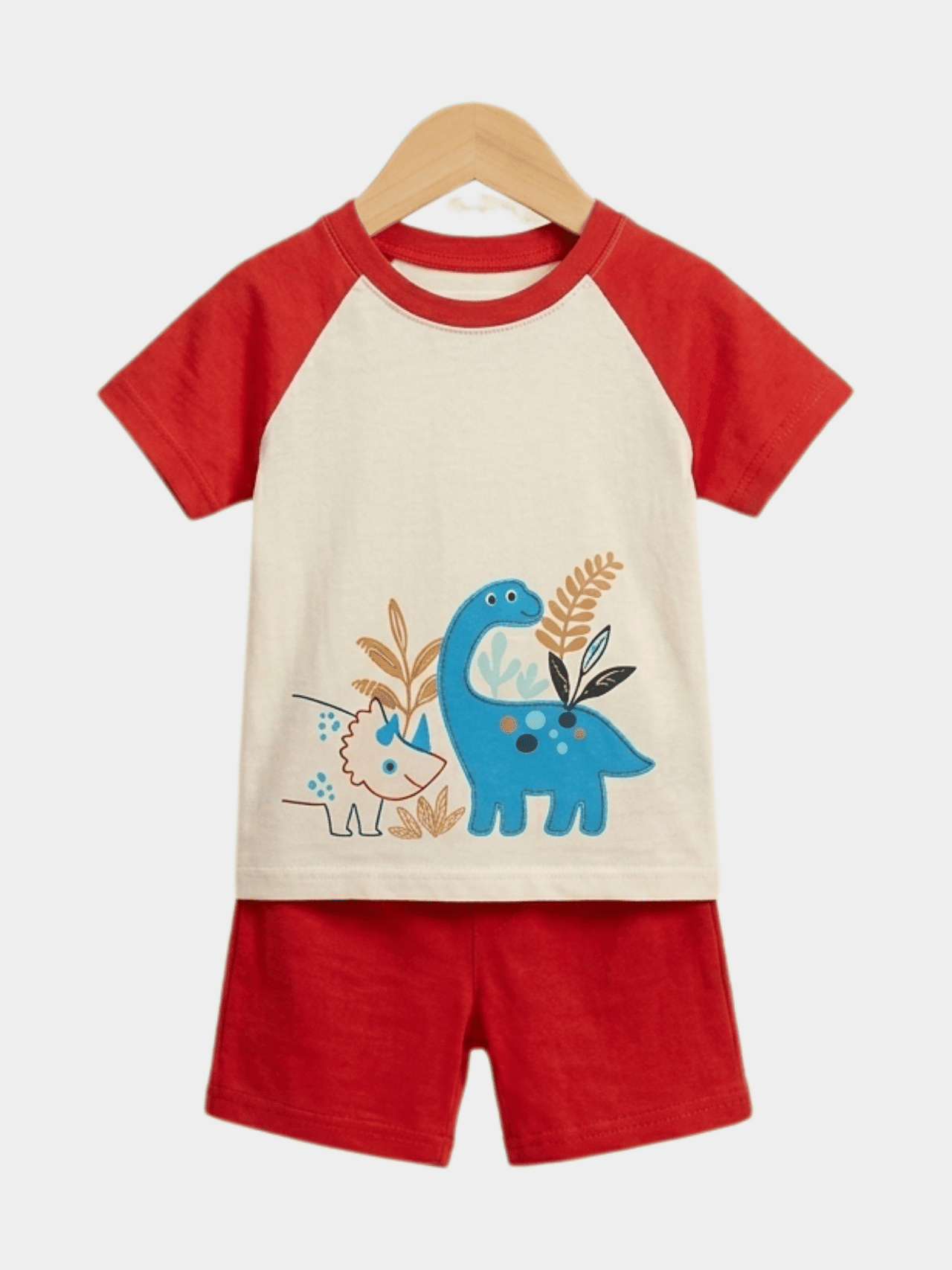 Boys "Dino Buddies" Two - Tone T-Shirt & Shorts Set - Red/Cream - ChildrenGoods