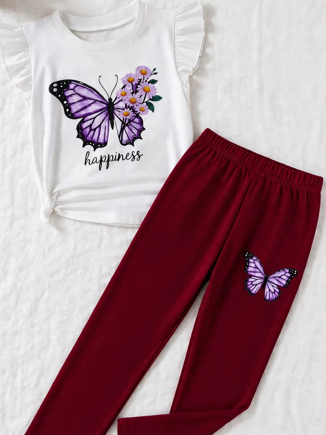 Girls Purple Butterfly & Floral Knot Top with Burgundy Leggings Set
