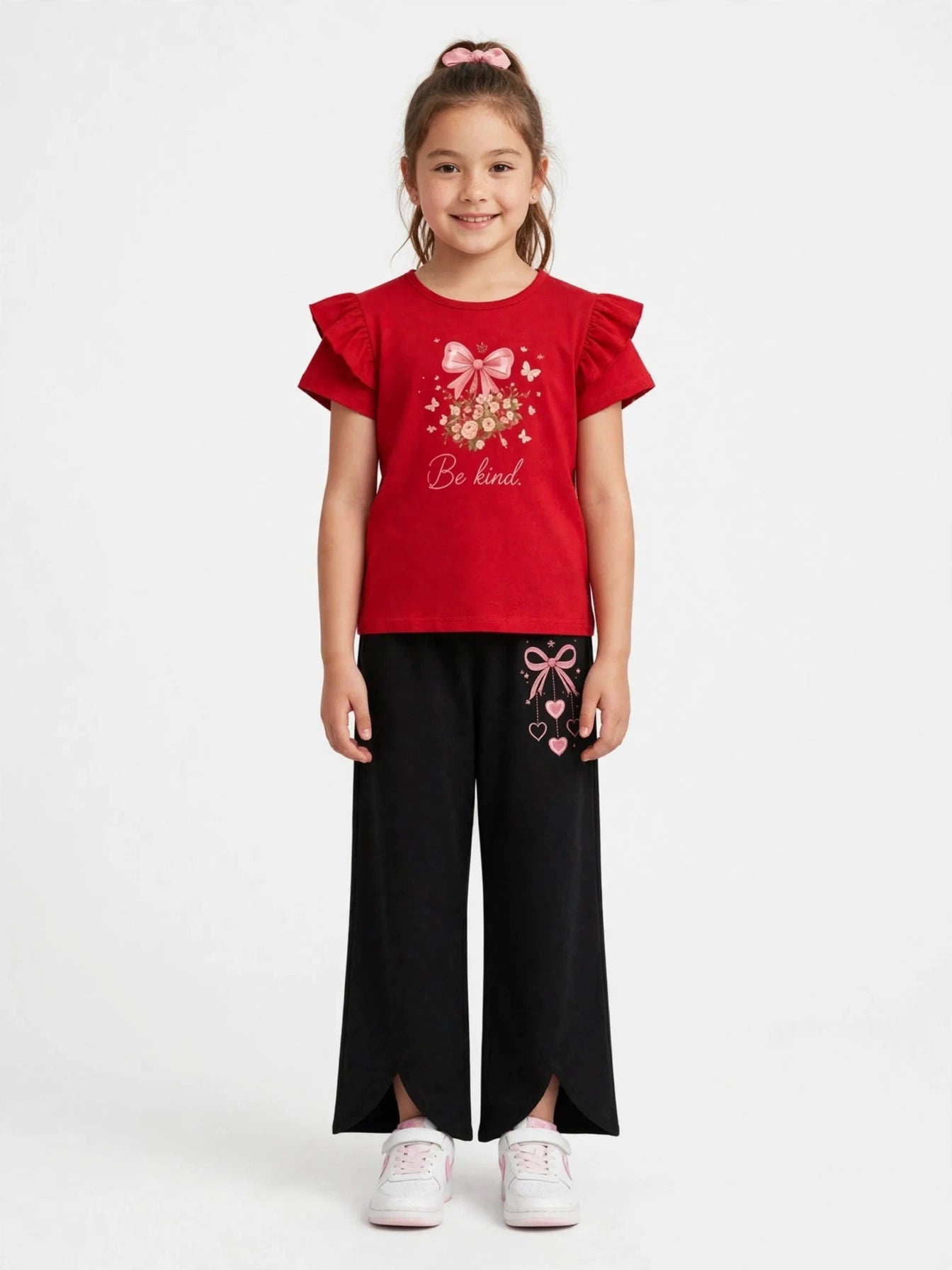 Girls "Be Kind" Bow Top & Wide-Leg Pants Set