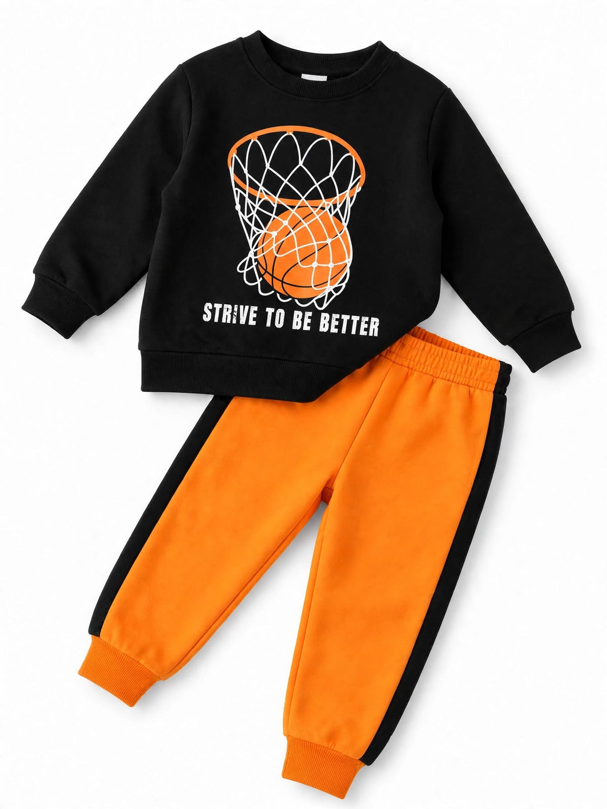 Black and orange basketball Strive To Be Better sweatshirt and jogger set for kids