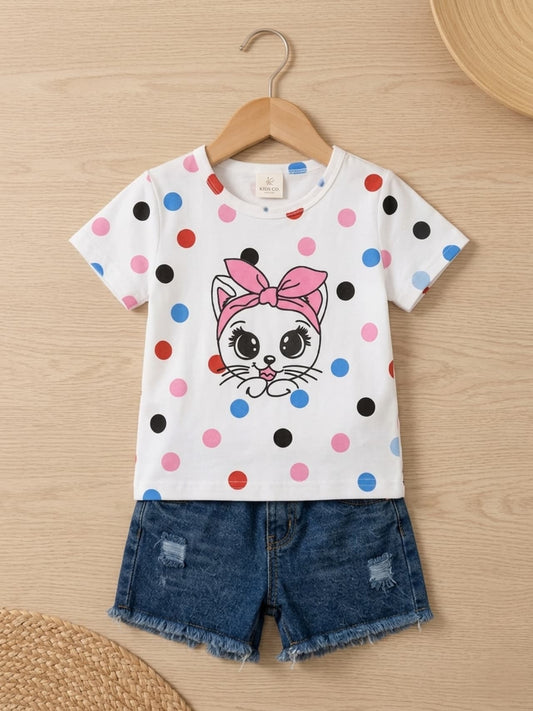 Kitty Polka Dot Tee & Denim Shorts Set