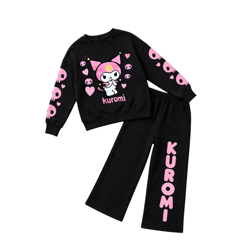 Pink Bunny Print Sweatshirt & Wide-Leg Pant Set – Black