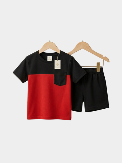 Red & Black Graphic T-Shirt & Shorts Set