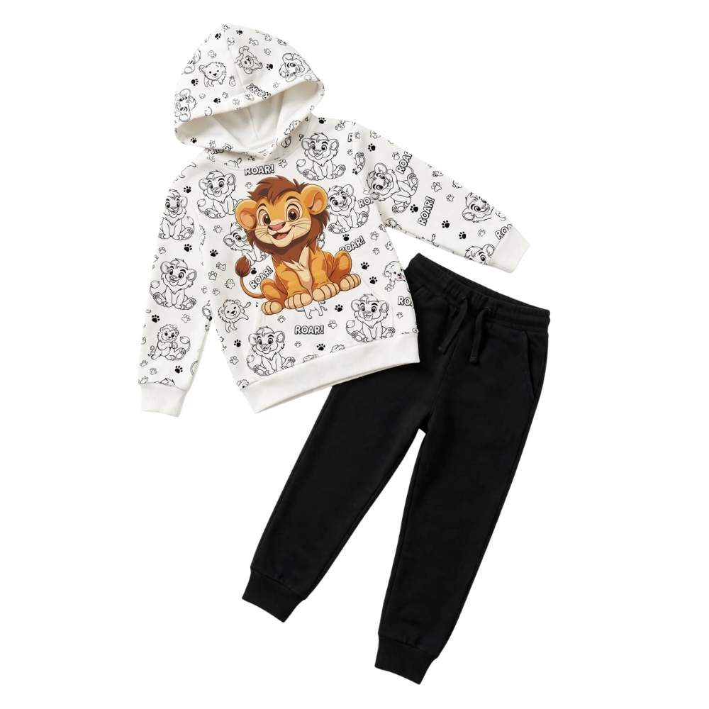 Lion Cub Print Hoodie & Jogger Set – White/Black