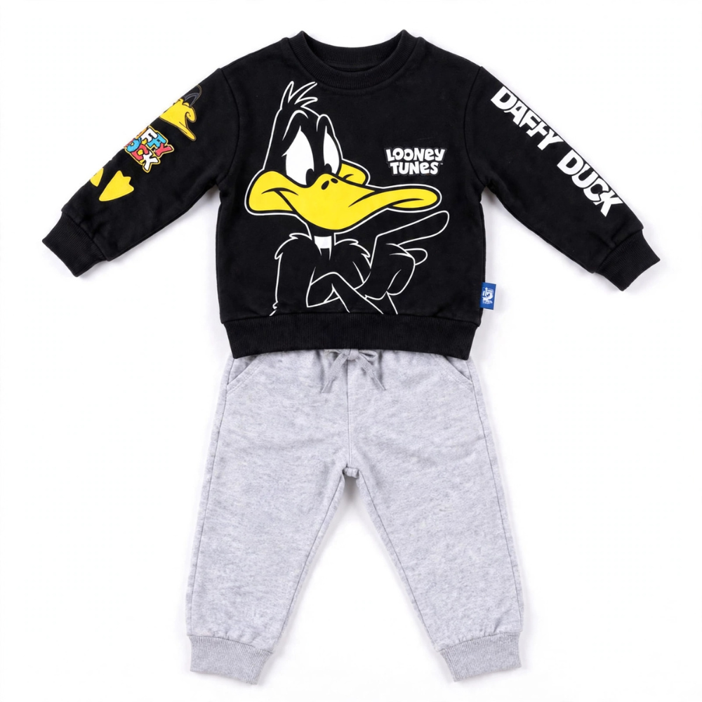 Cartoon Duck Print Sweatshirt & Jogger Set – Black/Grey
