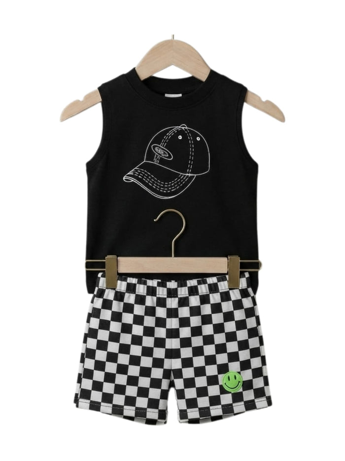 Baseball Cap Print Sleeveless Tank & Shorts Set