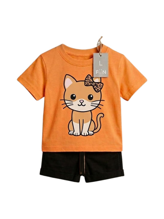Cute Cat Leopard Bow Graphic T-Shirt & Shorts Set