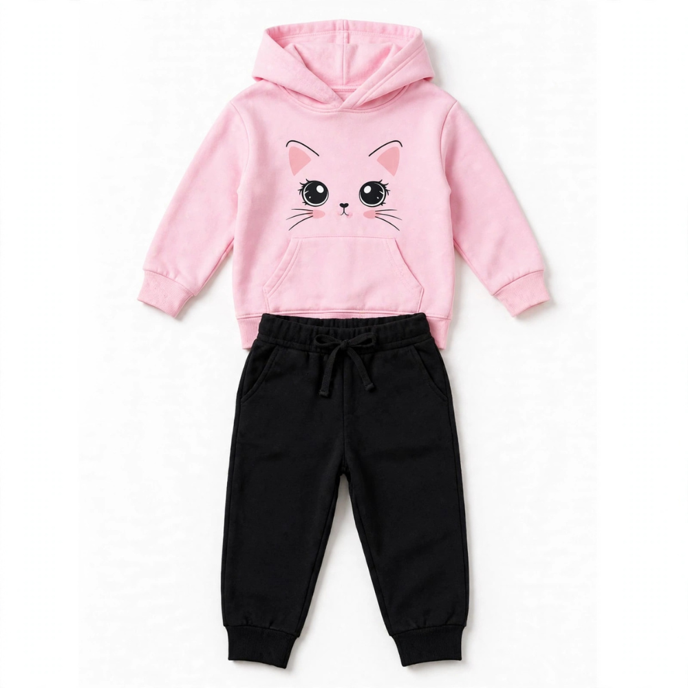Kitty Face Hoodie & Jogger Set – Pink/Black