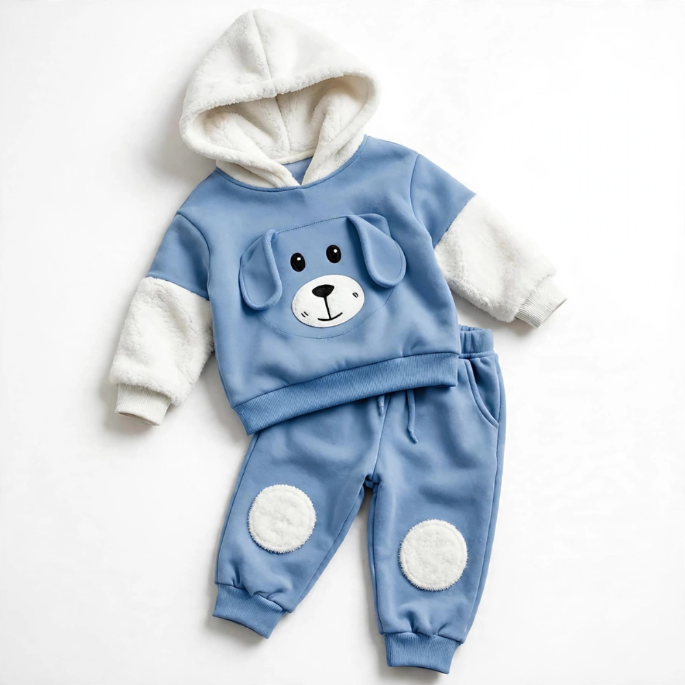 Puppy Face Sherpa-Sleeve Hoodie & Jogger Set – Blue