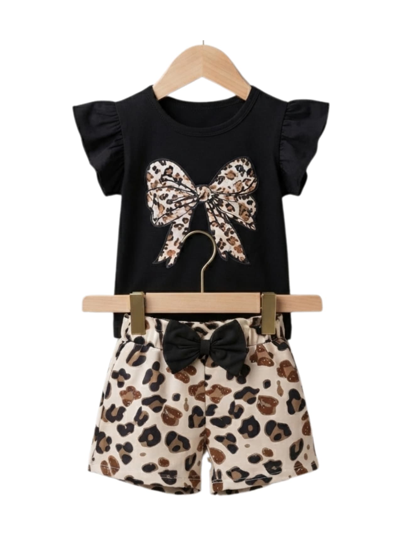 Leopard Bow Ruffle Top & Shorts Set