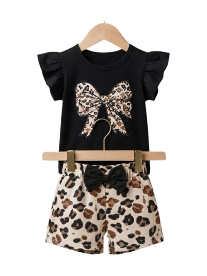 Leopard Bow Ruffle Top & Shorts Set