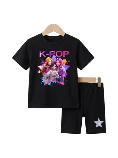 K-Pop Star Graphic T-Shirt & Biker Shorts Set