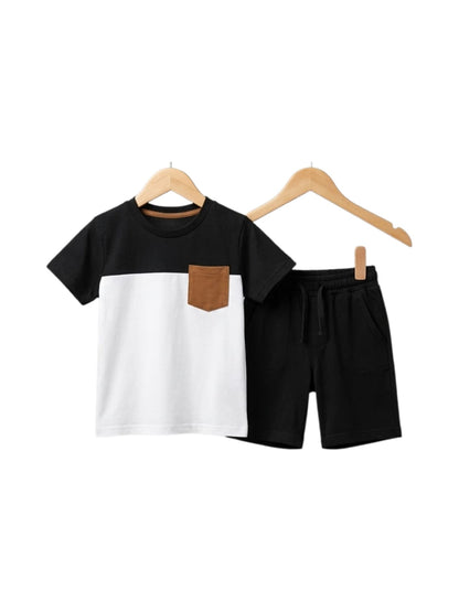 Black & White Color Block Pocket T-Shirt & Shorts Set