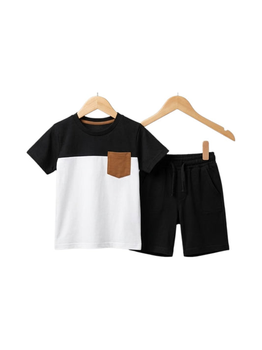 Black & White Color Block Pocket T-Shirt & Shorts Set