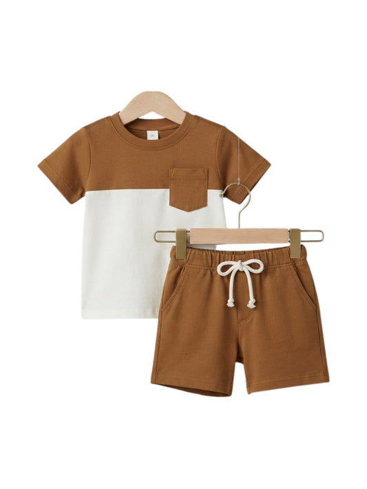 Brown & White Color Block Pocket T-Shirt & Shorts Set