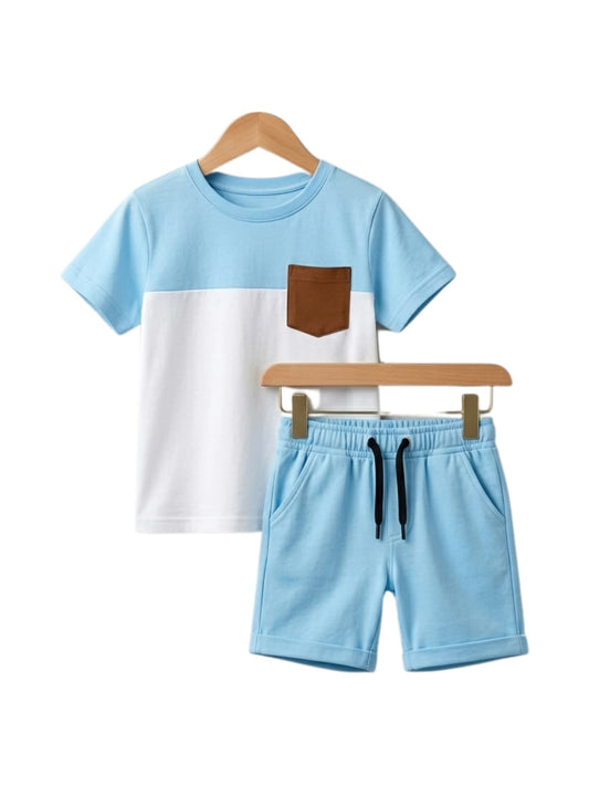 Sky Blue Color Block Pocket T-Shirt & Shorts Set
