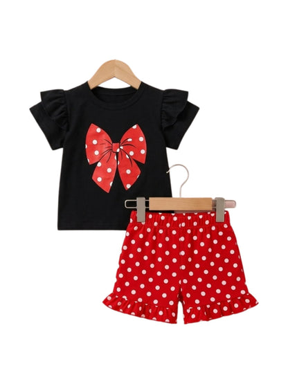 Polka Dot Bow Ruffle T-Shirt & Shorts Set
