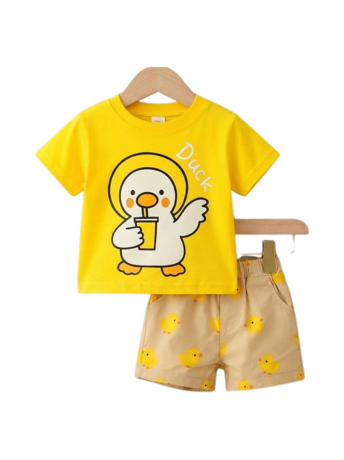 Cute Duck Graphic Yellow T-Shirt & Printed Shorts Set