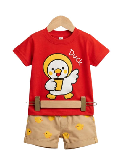 Cute Duck Graphic Red T-Shirt & Printed Shorts Set