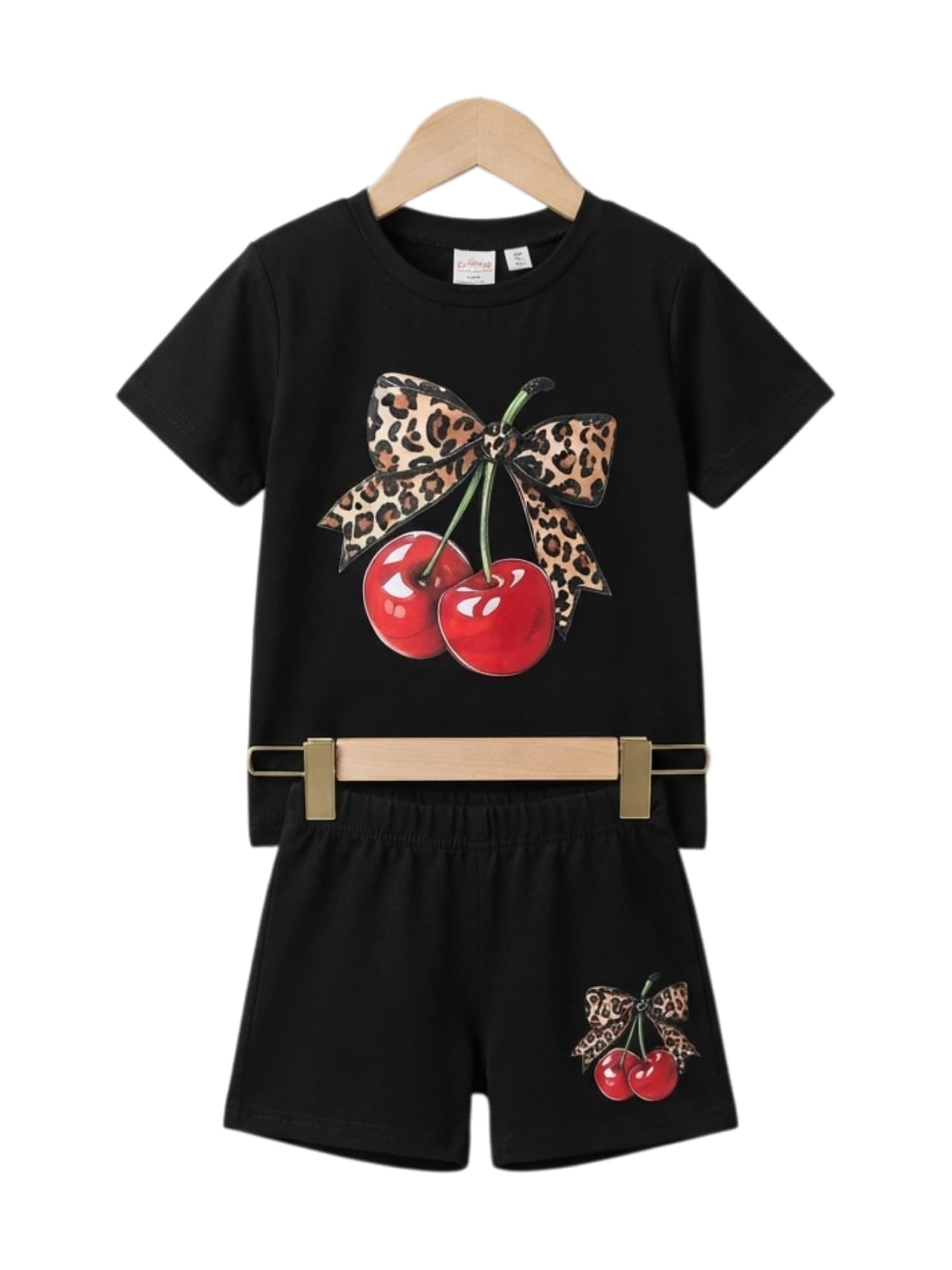 Cherry Leopard Bow Graphic T-Shirt & Shorts Set
