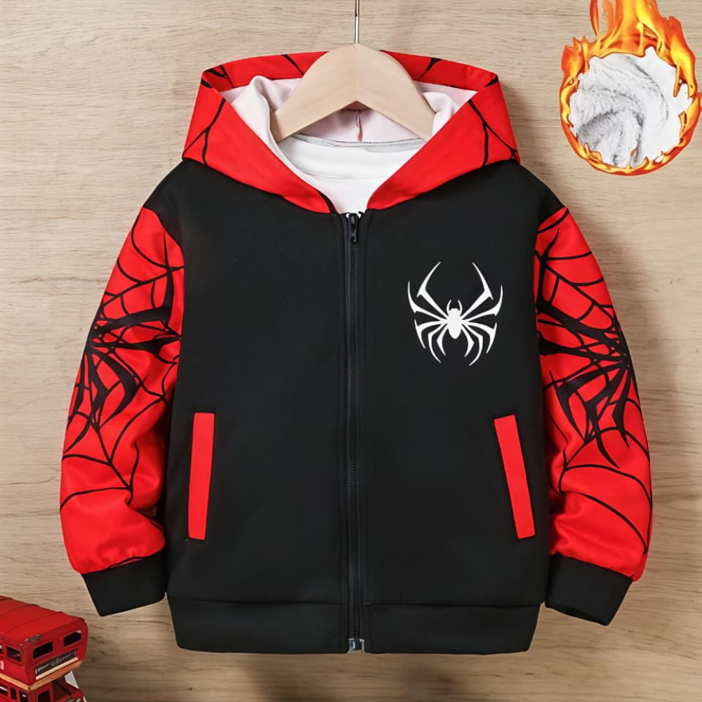 Spider Web Fleece-Lined Zip Hoodie – Black/Red