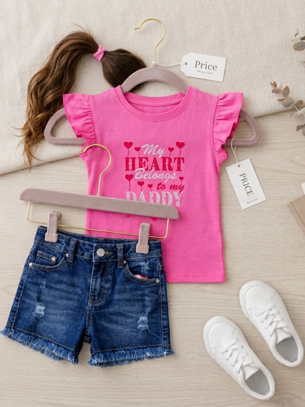 Girls "My Heart Belongs to Daddy" Pink Flutter Top & Denim Shorts Set