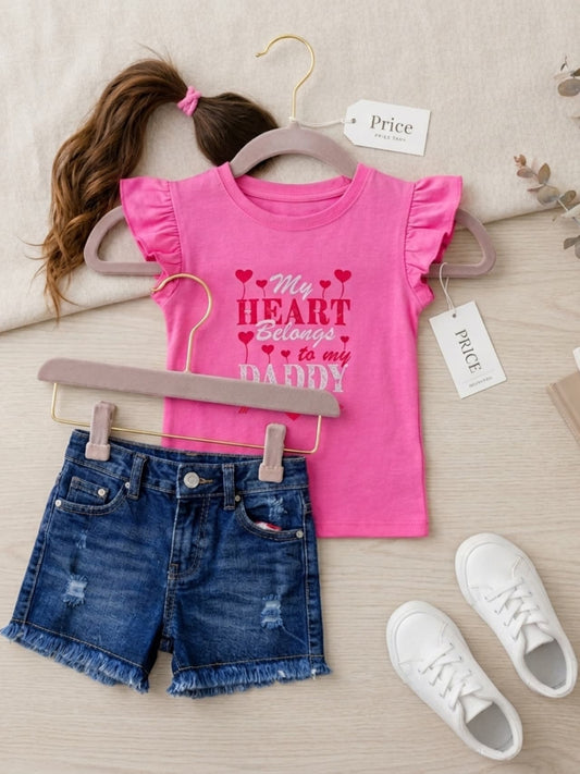 Girls "My Heart Belongs to Daddy" Pink Flutter Top & Denim Shorts Set