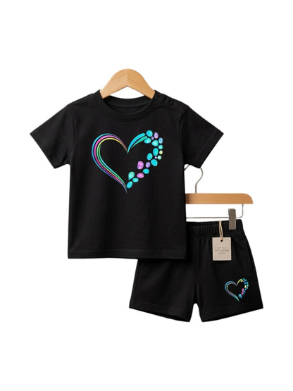 Colourful Heart Graphic T-Shirt & Shorts Set