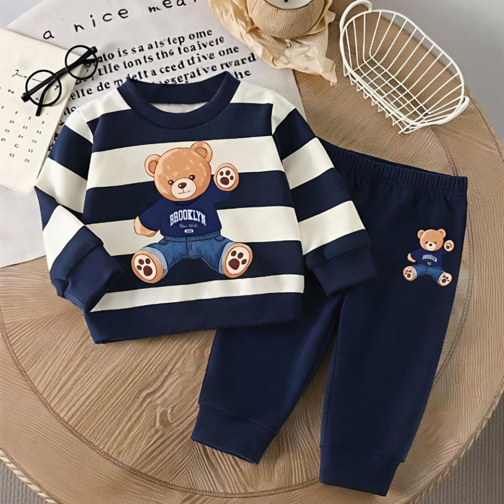 Brooklyn Teddy Striped Sweatshirt & Jogger Set – Navy/White