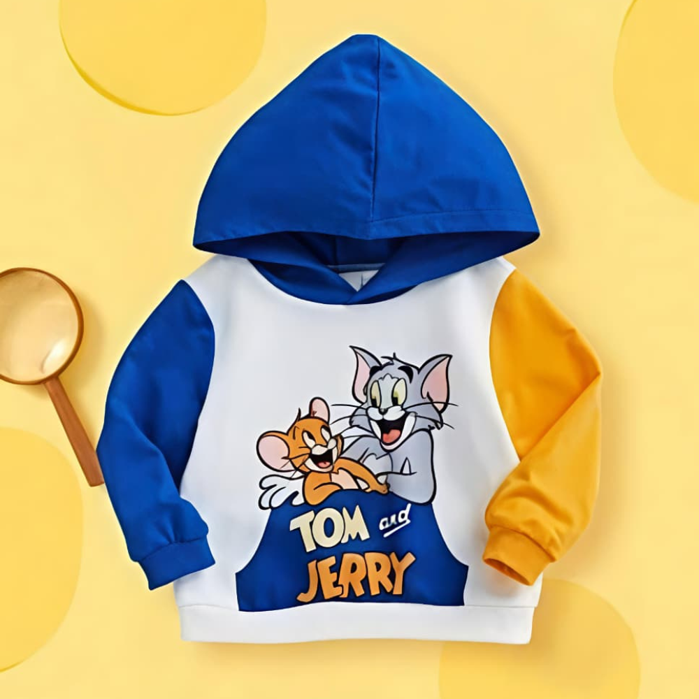 Cat & Mouse Colour Block Hoodie – White/Blue/Yellow