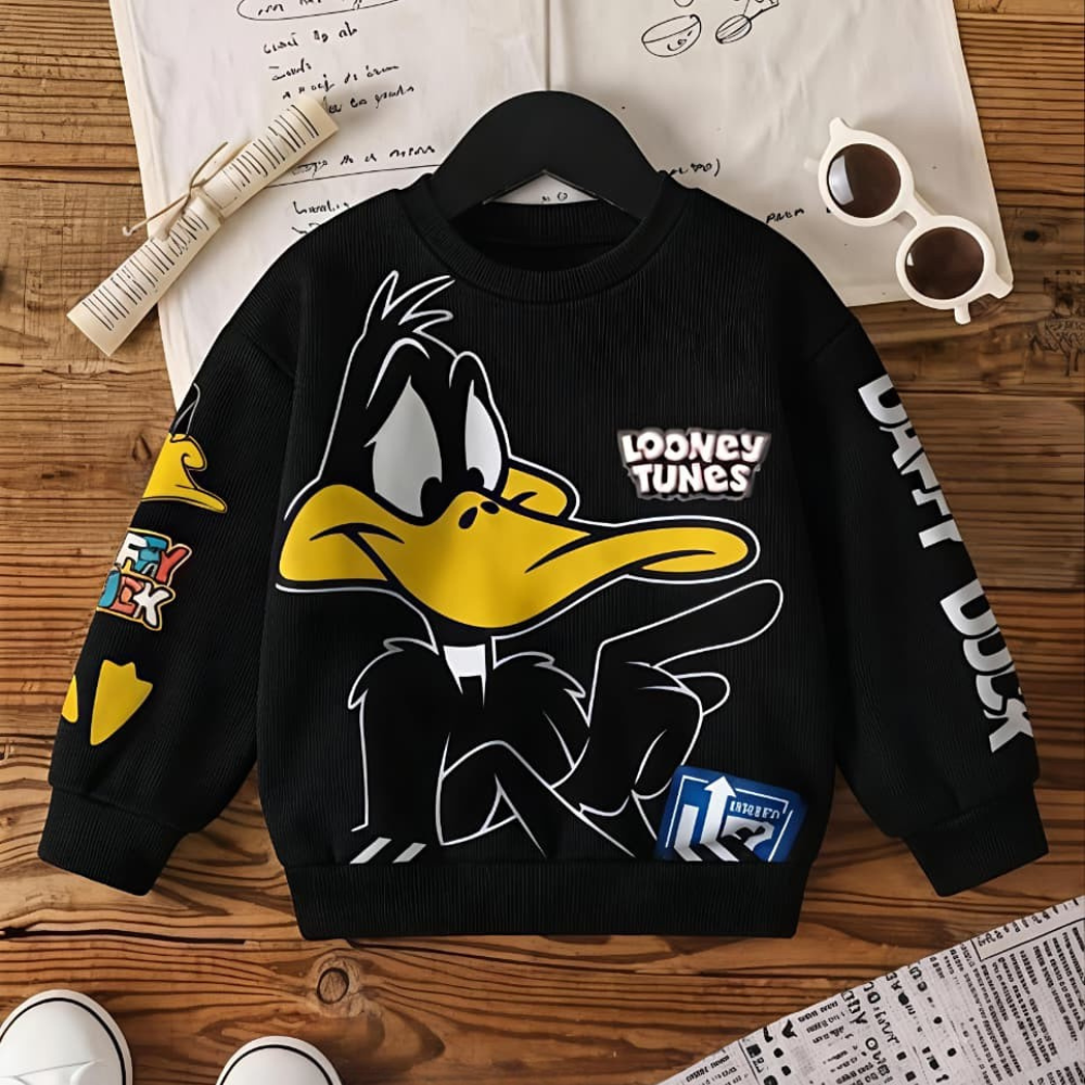 Cartoon Duck Print Sweatshirt – Black