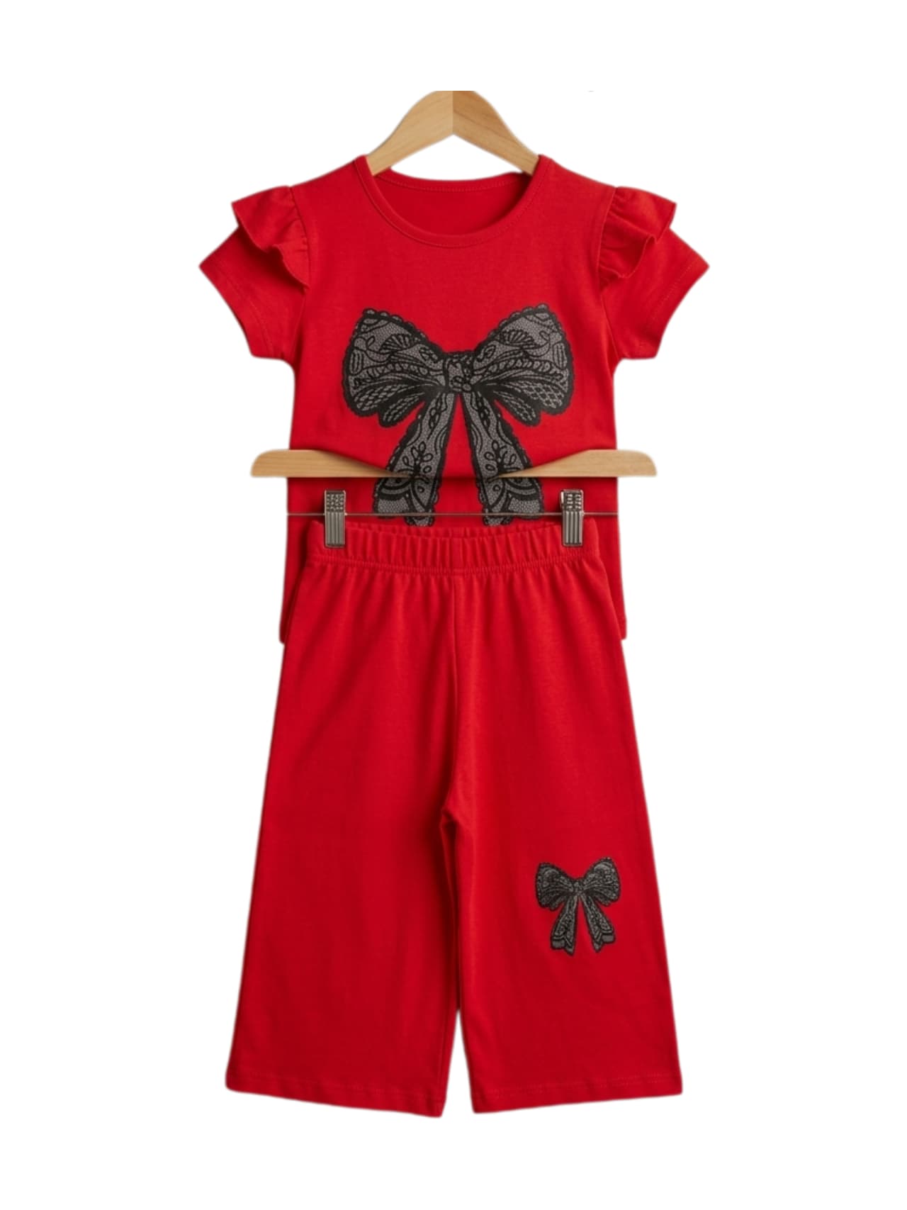 Black Lace Bow Print Outfit Set