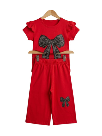 Black Lace Bow Print Outfit Set