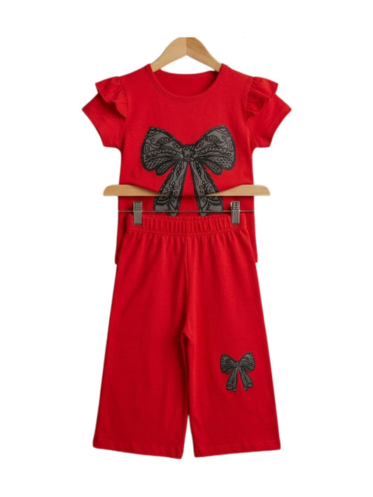 Black Lace Bow Print Outfit Set