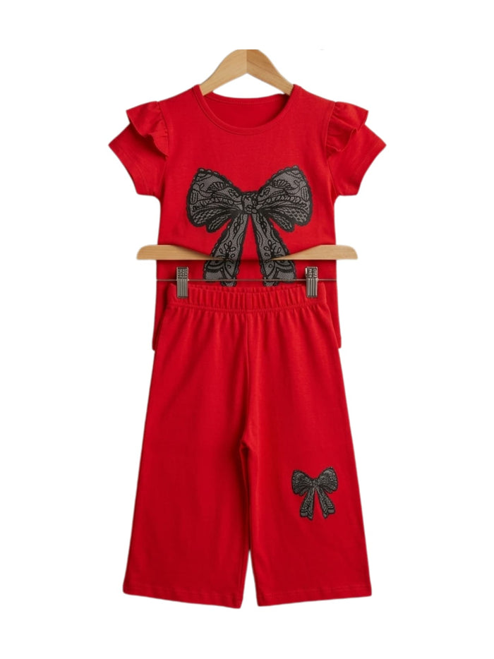 Black Lace Bow Print Outfit Set