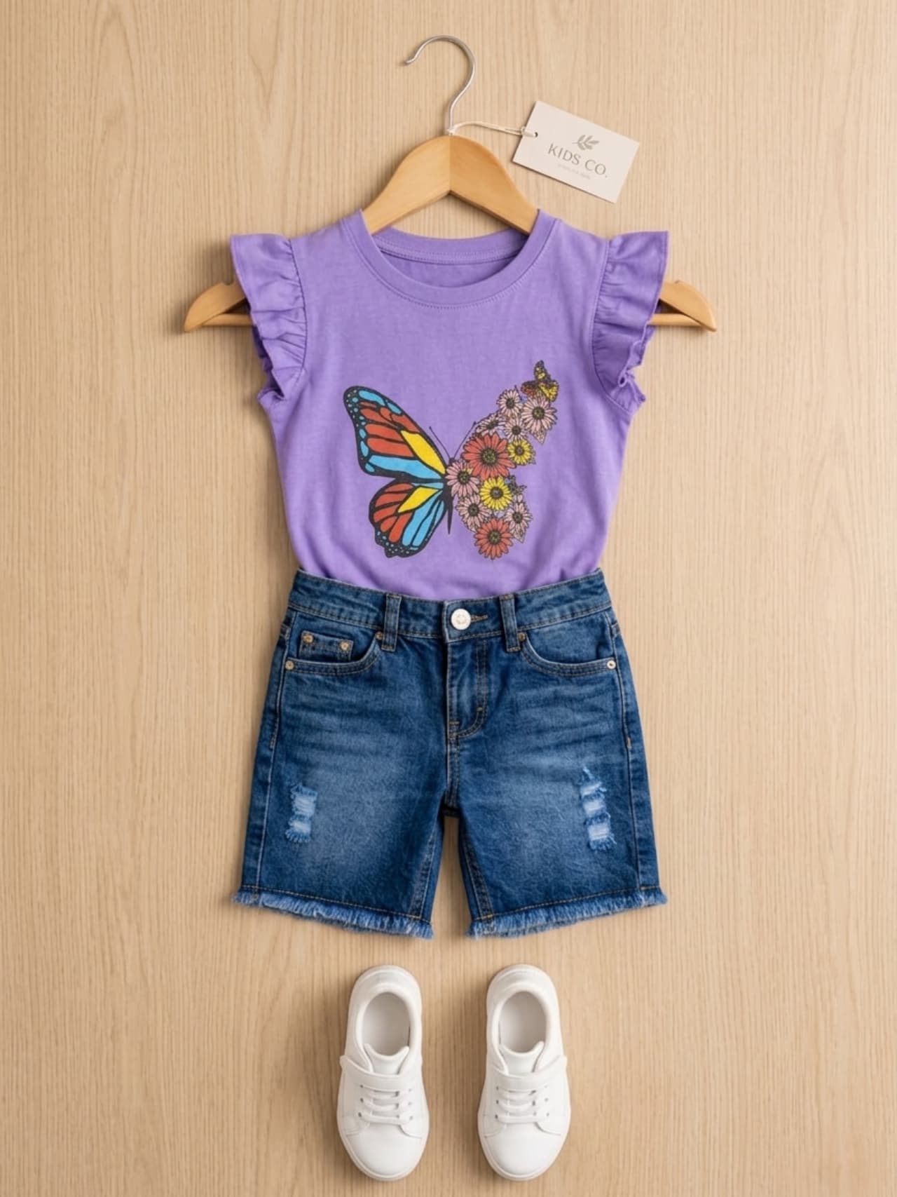 Girls Butterfly Flutter-Sleeve Top & Denim Shorts Set