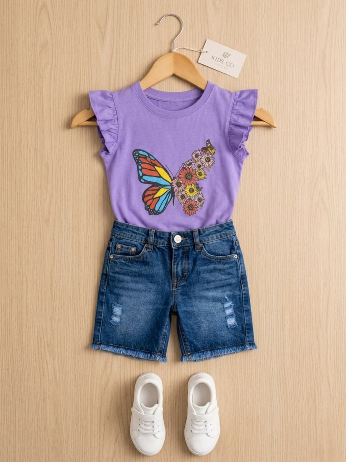 Butterfly Flutter-Sleeve Top & Denim Shorts Set