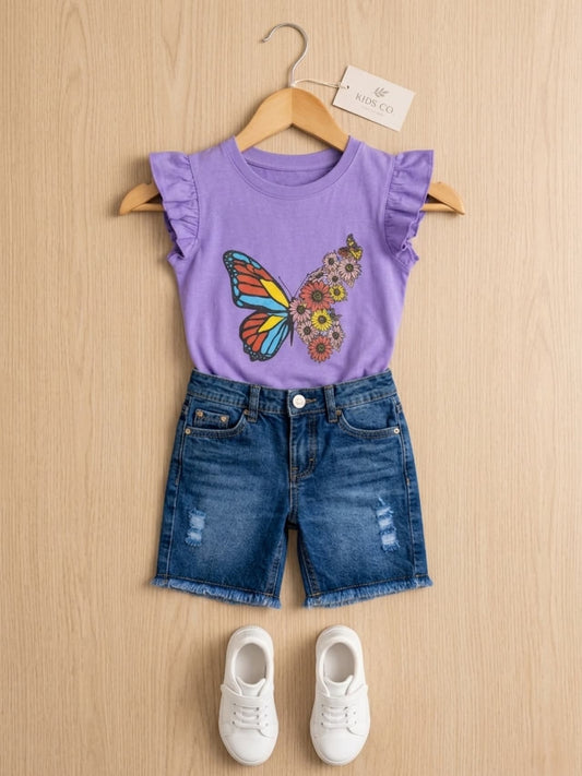 Girls Butterfly Flutter-Sleeve Top & Denim Shorts Set