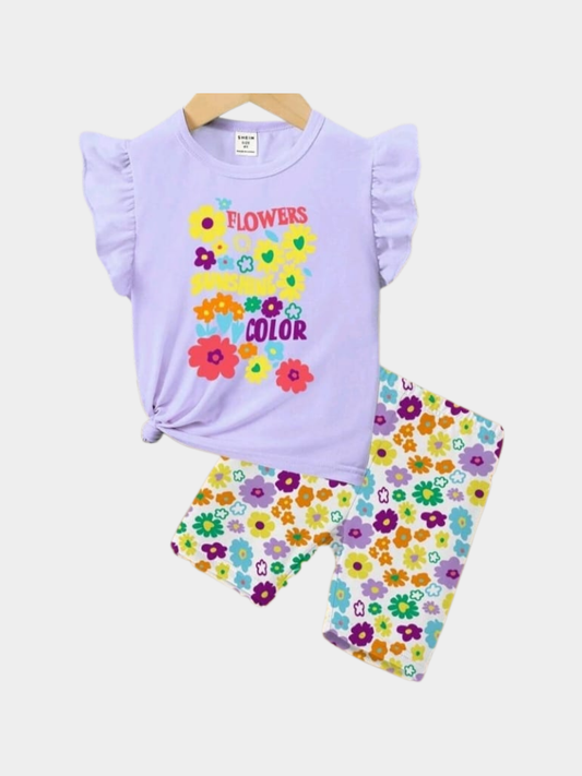 Flowers Purple T-shirt And Shorts Set
