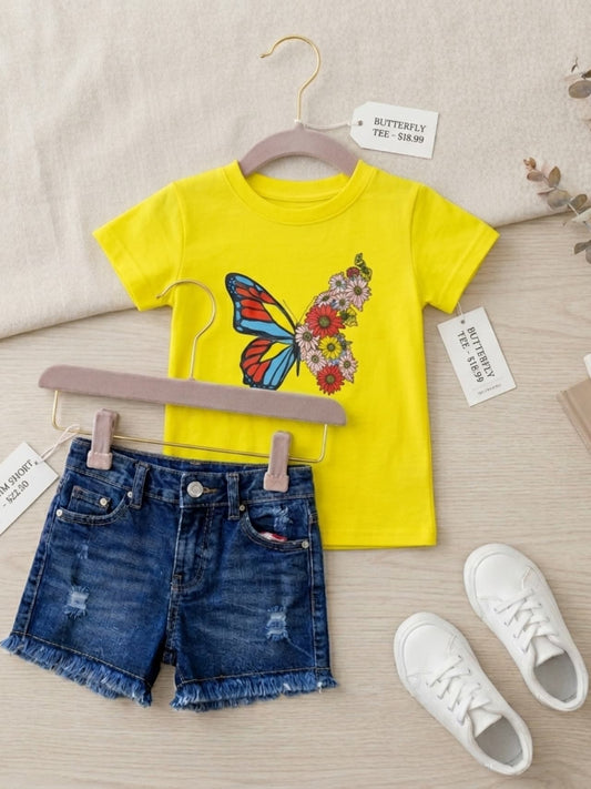 Girls Butterfly Floral Print Yellow Tee & Denim Shorts Set