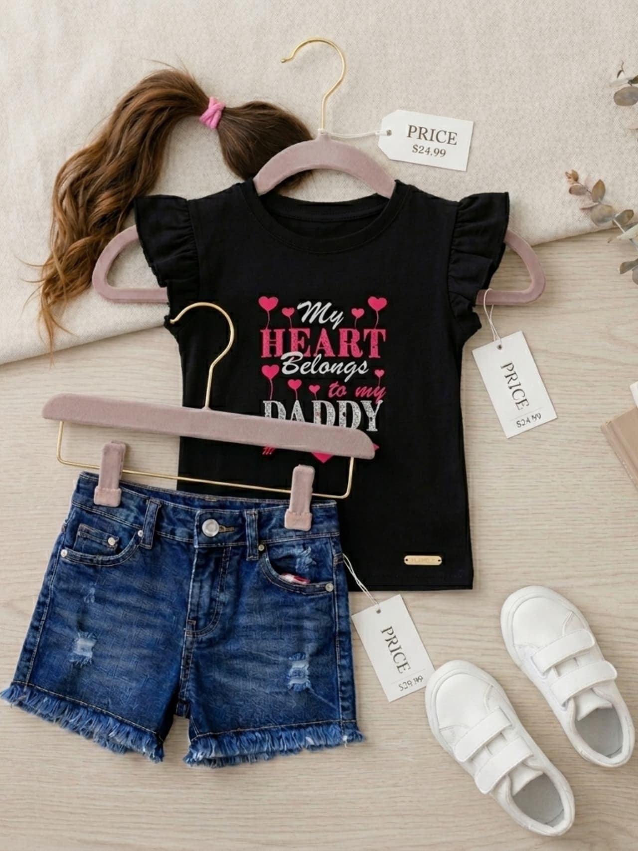 Girls "My Heart Belongs to Daddy" Black Tee & Denim Shorts Set