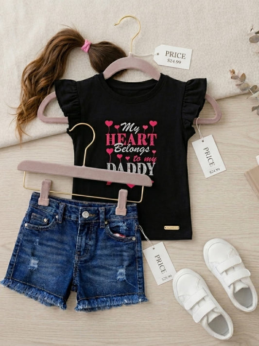 Girls "My Heart Belongs to Daddy" Black Tee & Denim Shorts Set