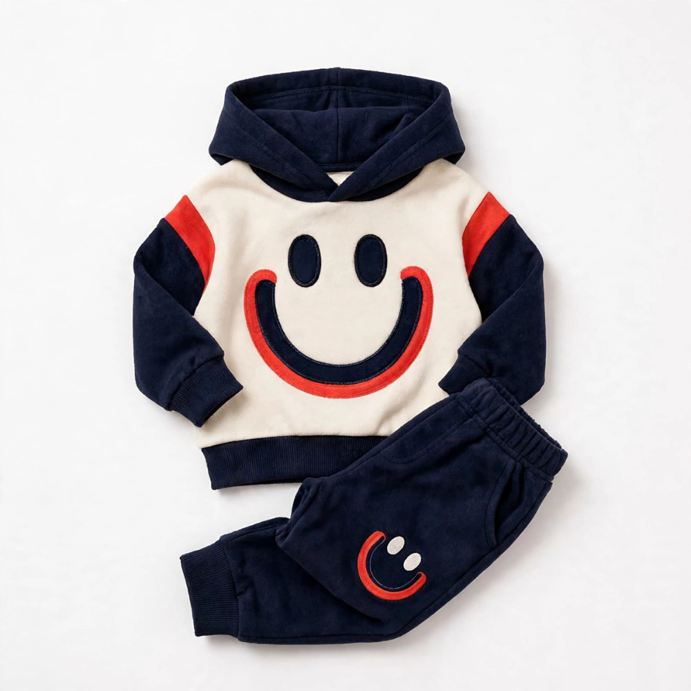 Big Smiley Hoodie & Jogger Set – Cream/Navy