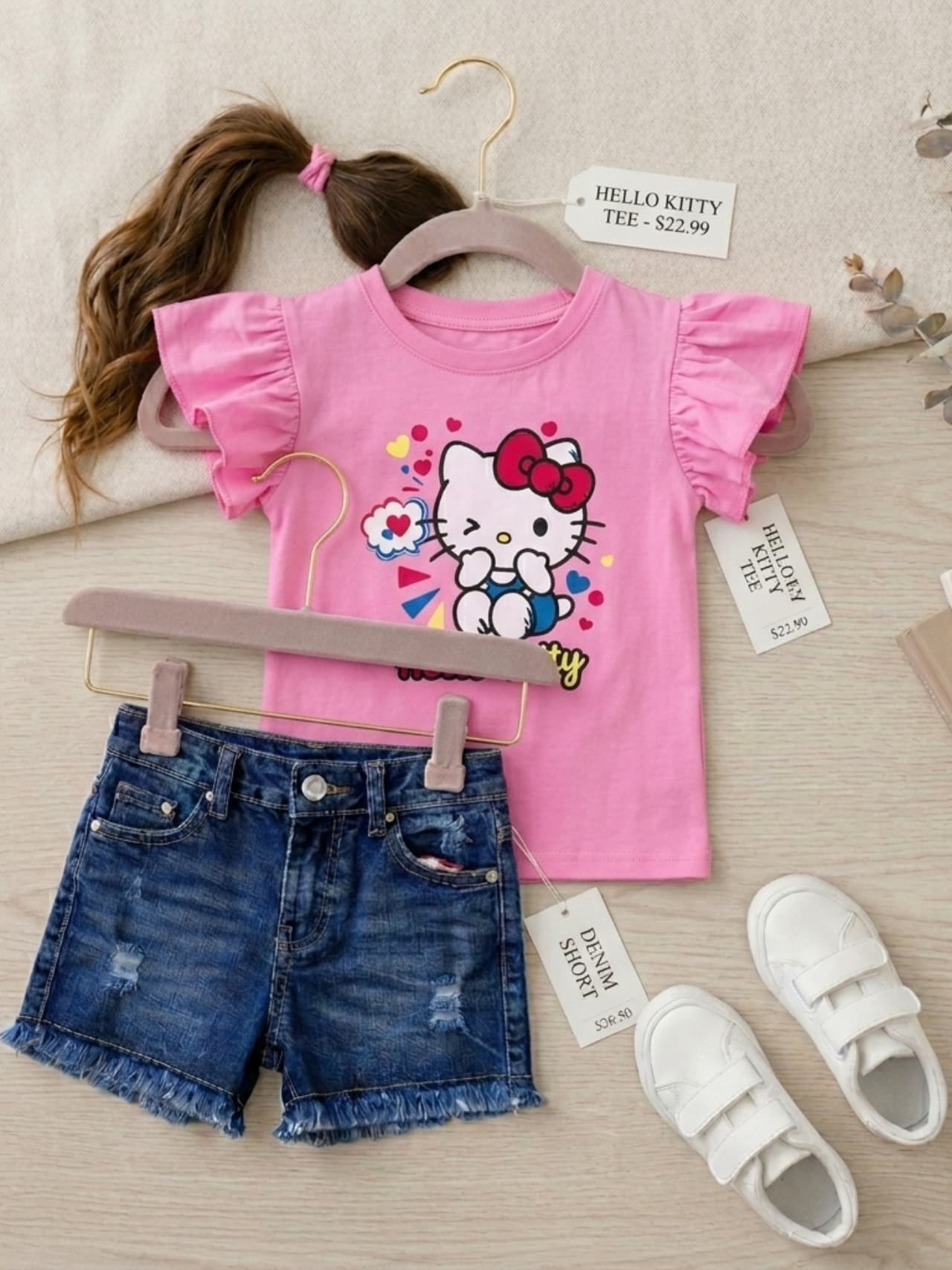 Girls Hello Kitty Pink Flutter Sleeve Top & Denim Shorts Set