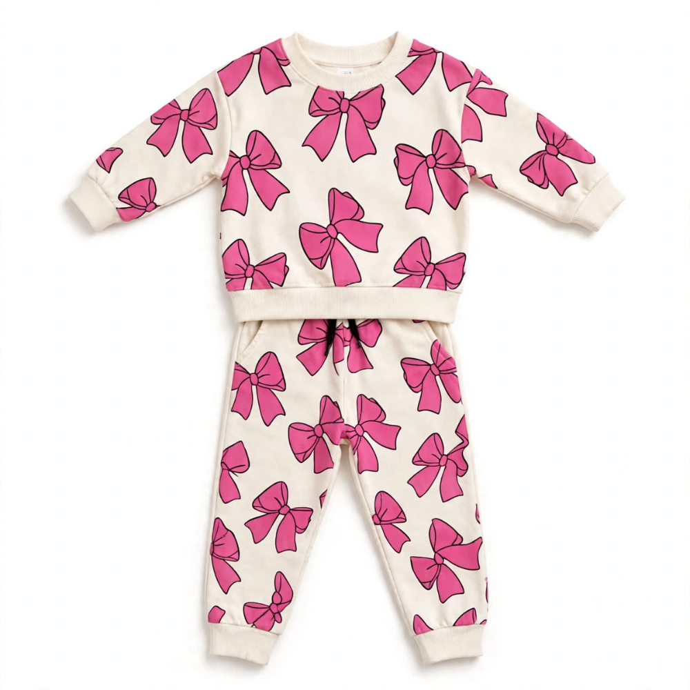 Pink Bow Print Sweatshirt & Jogger Set – White/Pink